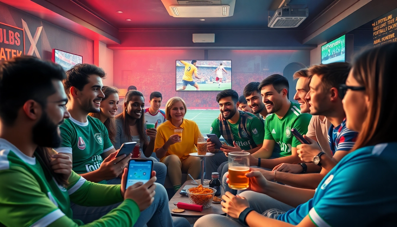 A group of diverse football fans enjoying a live match on https://xoilactv88.net/ with excitement and camaraderie.
