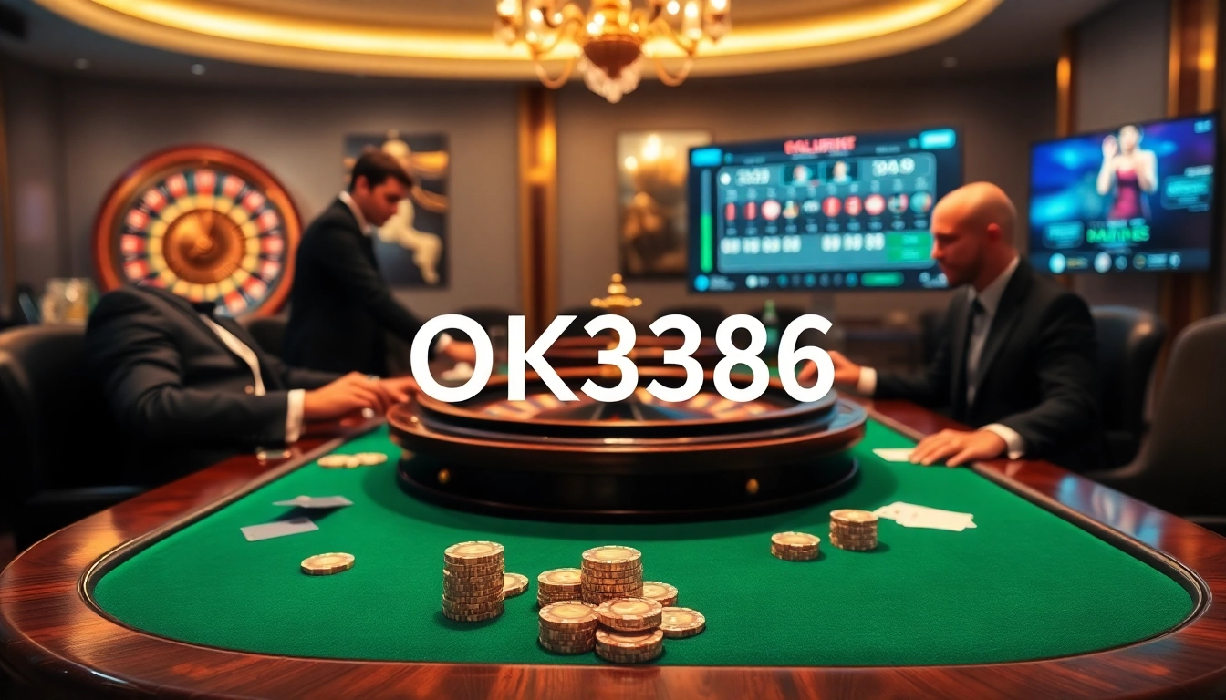 Players betting strategically at an OK8386 casino poker table, showcasing thrilling gameplay.