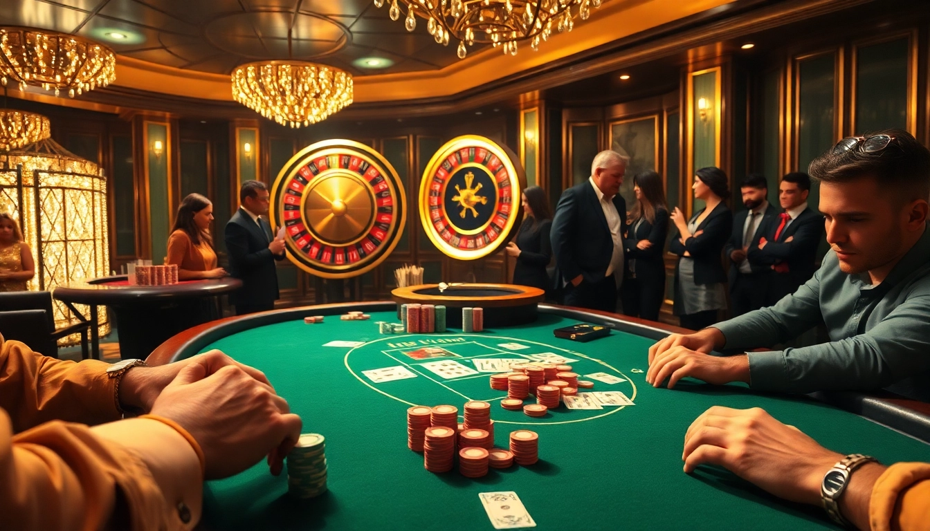 Players strategizing over chips and cards at a poker table in a luxurious casino environment, inspired by https://m98.uno/.