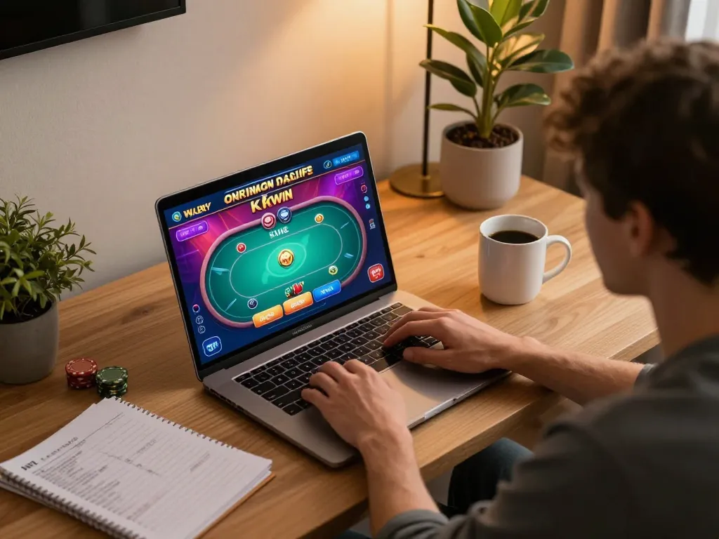 Kkwin player engaged in online poker gameplay at home desk with vibrant screen