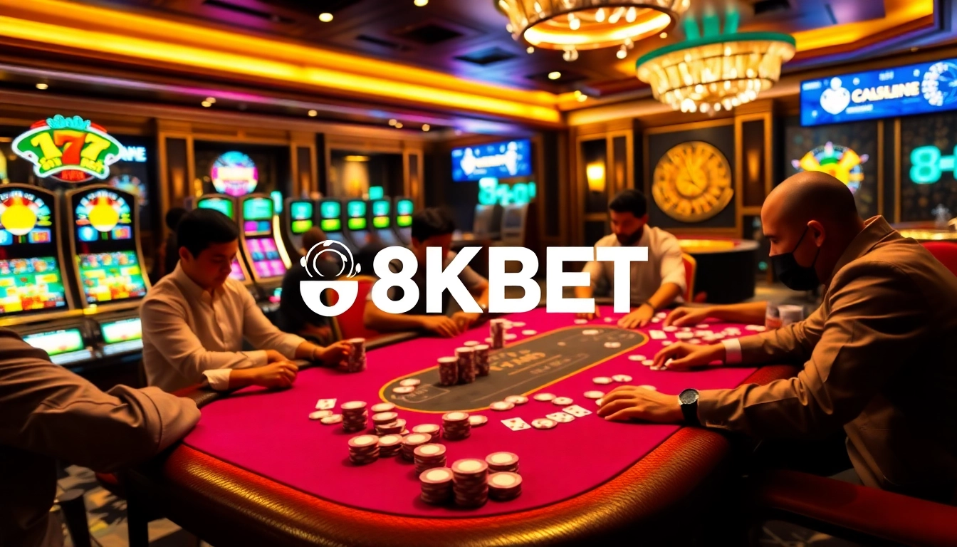 8KBET poker table scene with professional players, chips, and vibrant casino atmosphere.