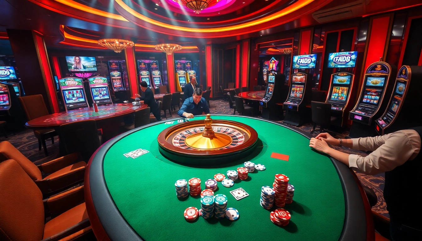 Players immerse in F168's thrilling casino games with vibrant slot machines and poker tables.