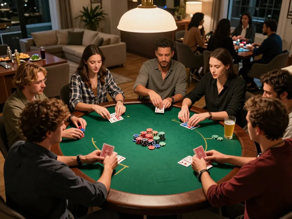 Players enjoying a vibrant UU88 online poker game night with chips and cards visible.