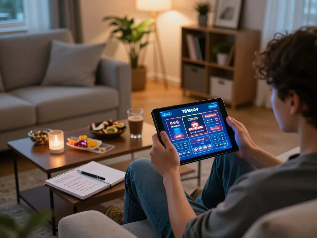 Player engaging with 789bethv online casino on tablet in a cozy home setup, emphasizing strategic gaming atmosphere.