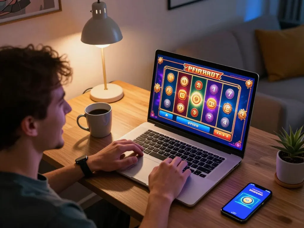 IDCJOKER player thrillingly engages with online slot machine game, showcasing vibrant graphics and responsible gambling.