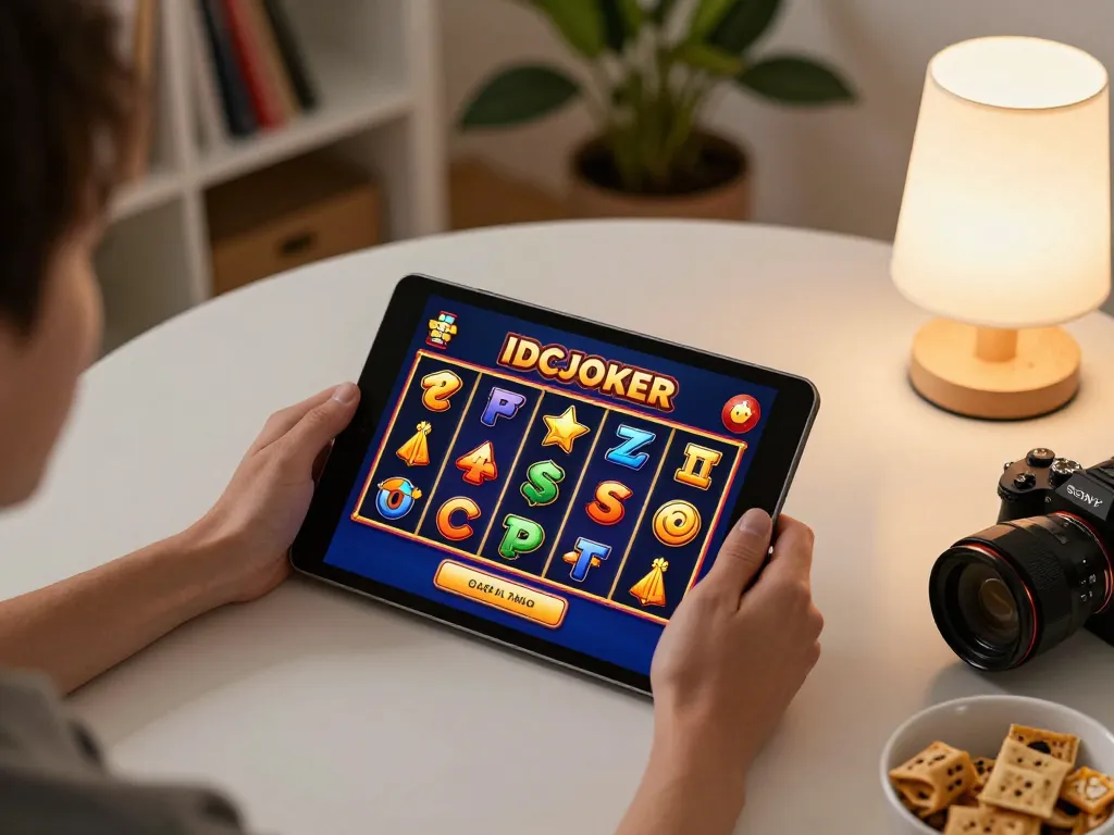 IDCJOKER online slots gameplay on tablet in a cozy home setting with warm lighting and personal touches.