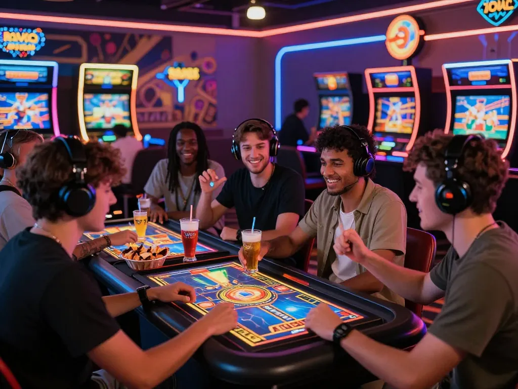 Suasana permainan slot daring VIRUS88 yang menarik dengan teman-teman di sekitar meja dan visual berwarna-warni.