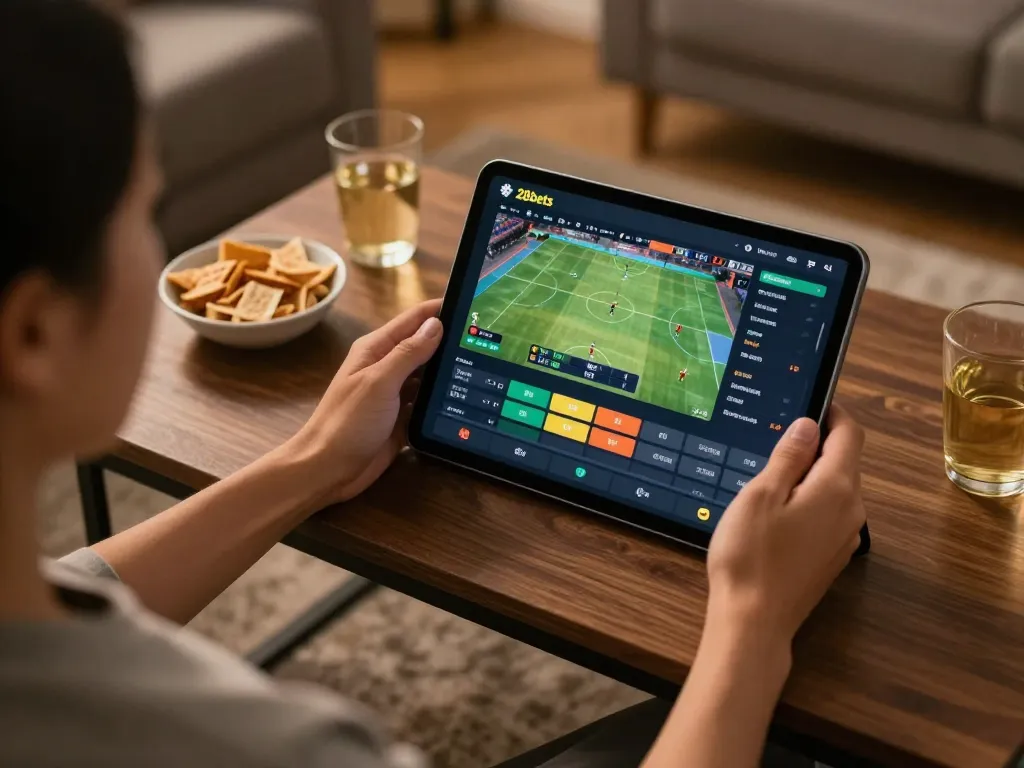 Using 28bets app for sports betting while relaxing at home with snacks and drinks.