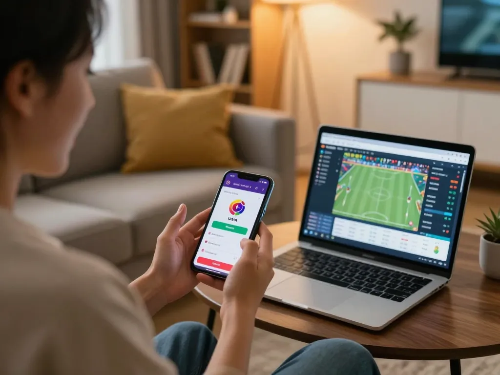 Person enjoying sports betting on the llwin app in a cozy living room setting