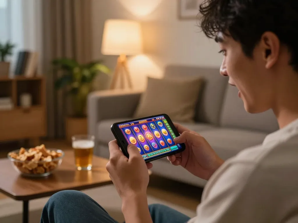 Engage in exciting toto slot gameplay on mobile, celebrating wins in a cozy living room.