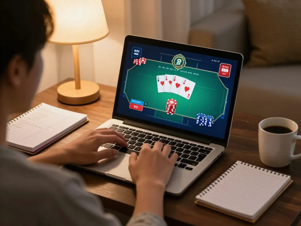Pakde4D player enjoying an online poker game with strategy notes at home, showcasing a relaxed gaming atmosphere.