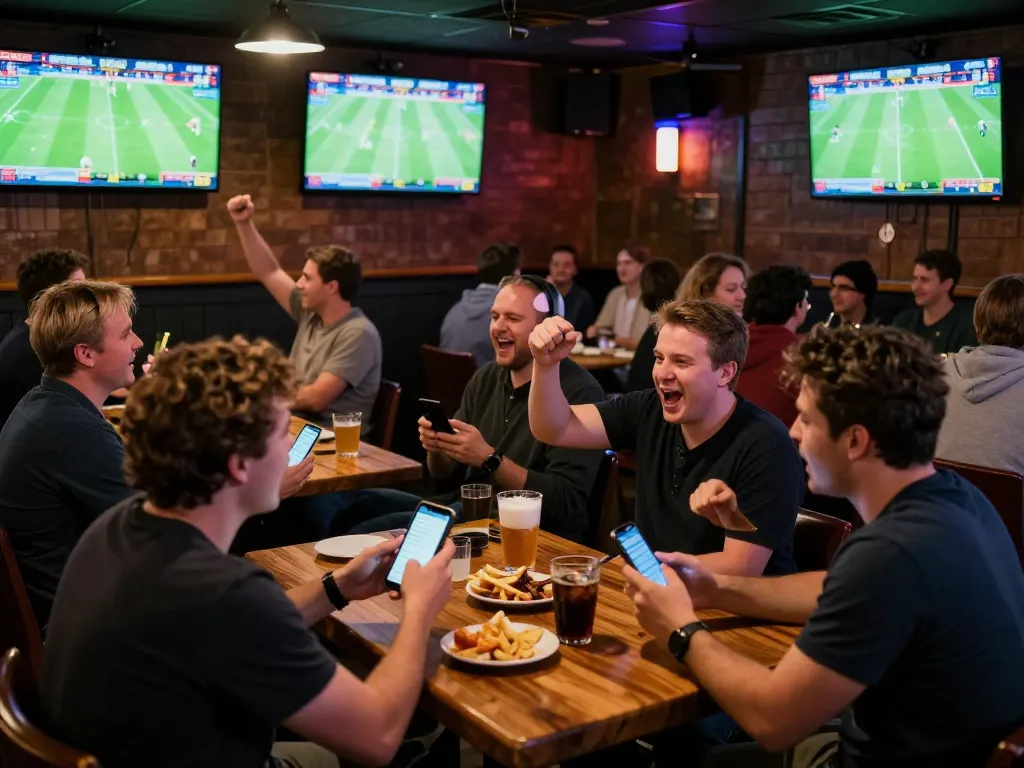 KQBD sports betting scene with enthusiastic fans placing bets and cheering at a sports bar