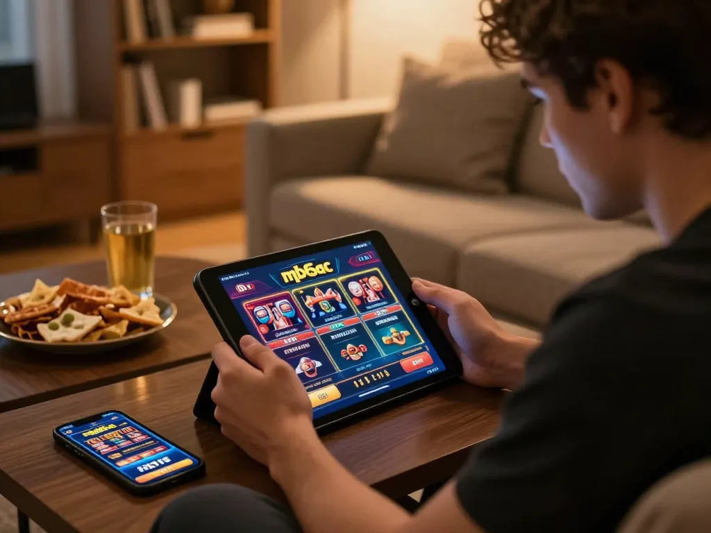 Engaged user playing mb66ac casino games on tablet in a cozy home environment, emphasizing responsible gaming.