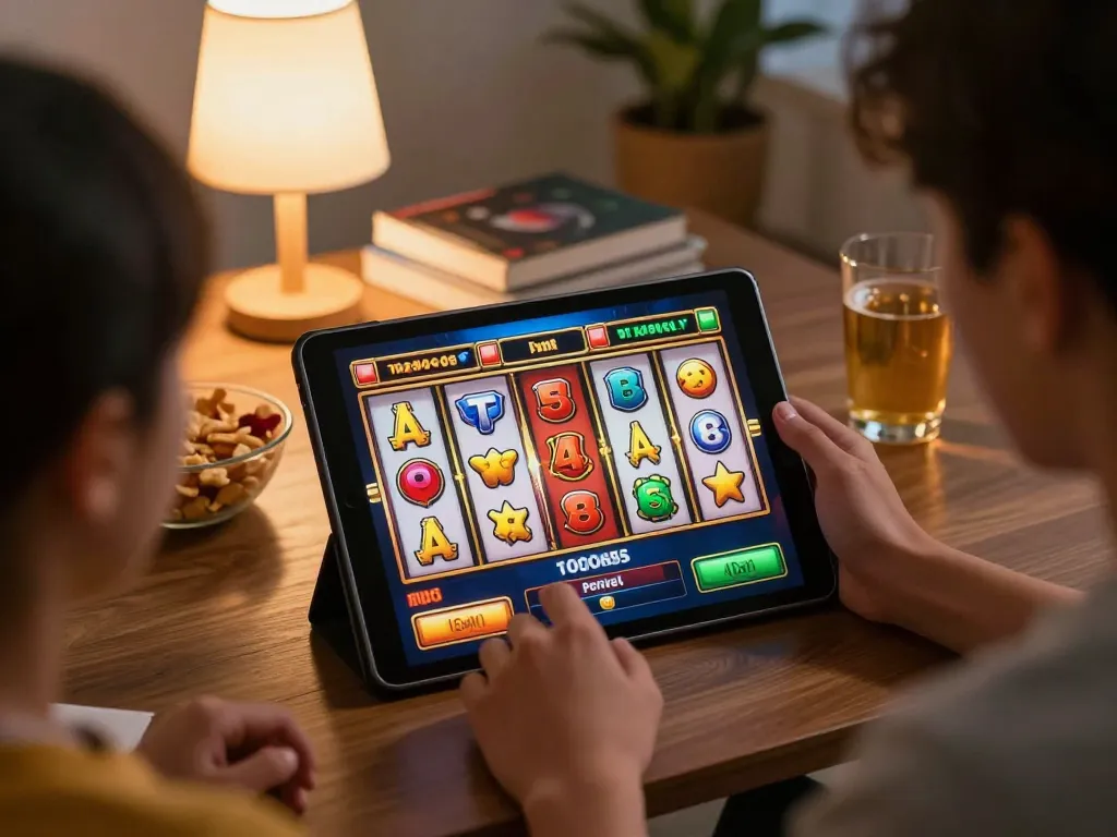 Players enjoying the ondel4d online slot game on a tablet in a cozy home setting