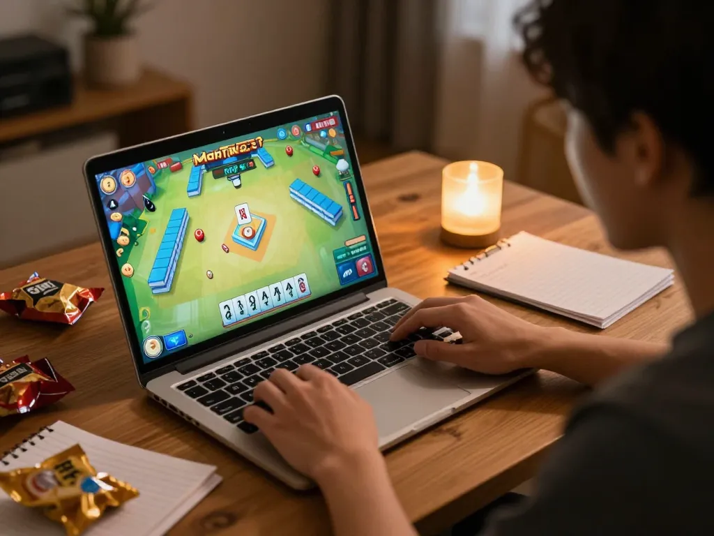 Pola stabil rtp strategi mahjong ways dalam aksi saat bermain online, dengan pemain yang fokus pada laptop.
