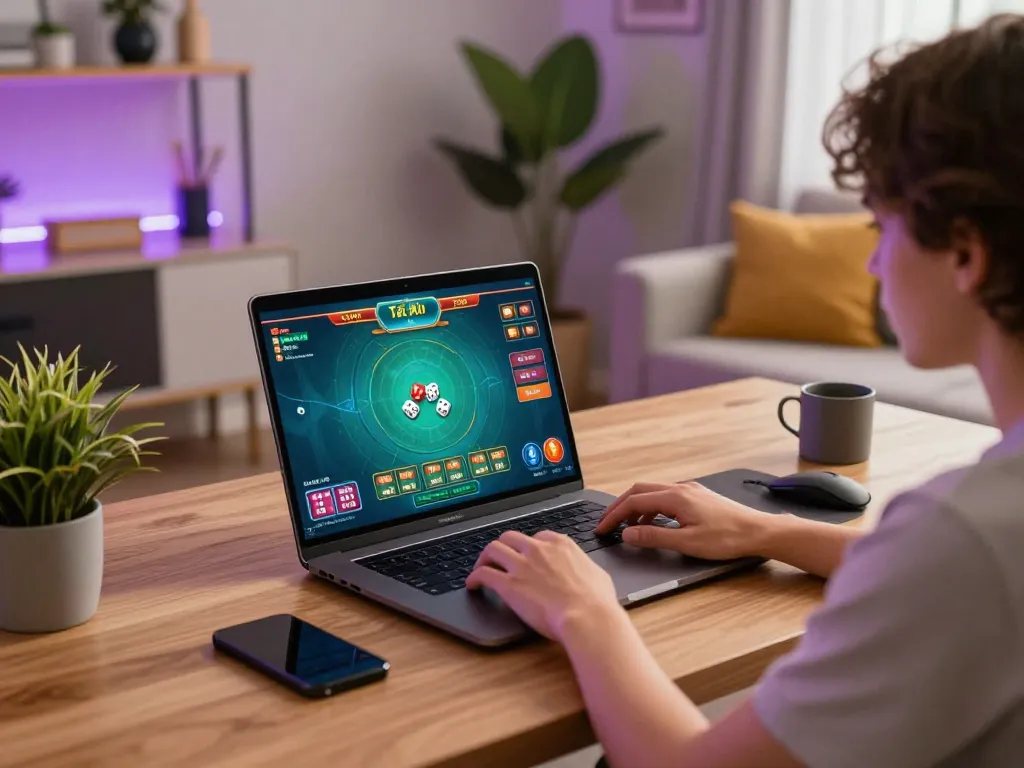 Tài Xỉu gameplay on a laptop in a cozy home environment, showcasing strategic online gaming.