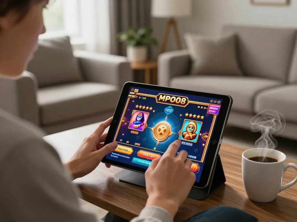 MPO08 online gaming experience with vibrant graphics in a cozy home setting featuring a focused player.