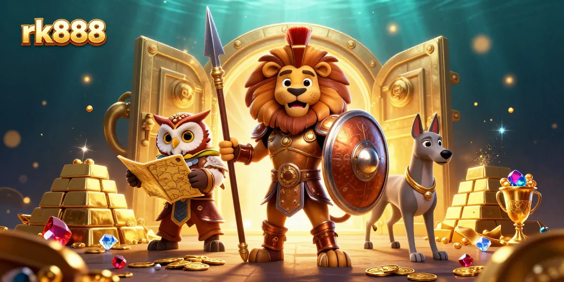 Engage with rk888's vibrant casino world, featuring a Spartan lion, owl strategist, and greyhound messenger.