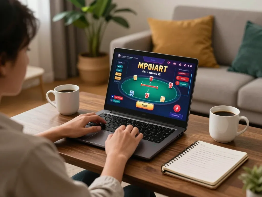 Engaging in online gaming at SC88 with poker strategies in a cozy living room setting.