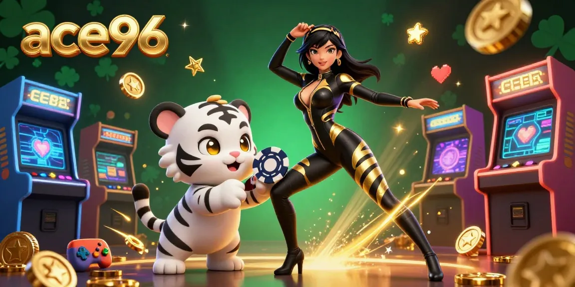 Engage with ace96's thrilling gaming scene featuring a dynamic acrobat and playful tiger amidst vibrant casino game elements.