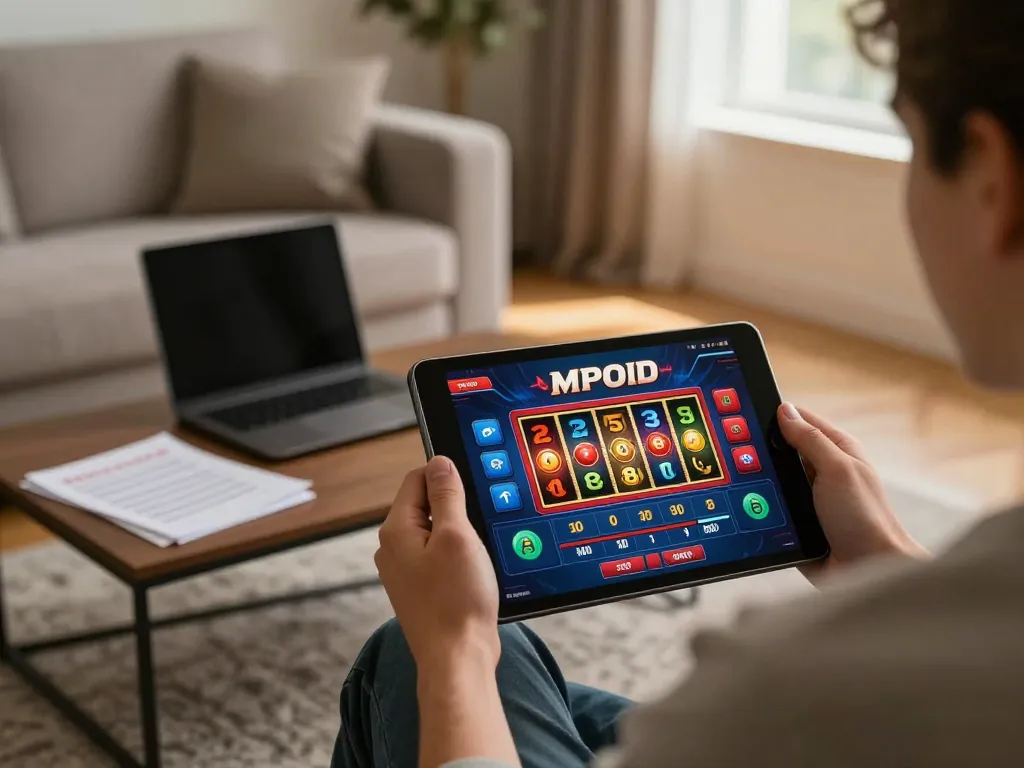 MPOID gameplay on a tablet in a cozy living room, highlighting interactive and engaging online casino experience.
