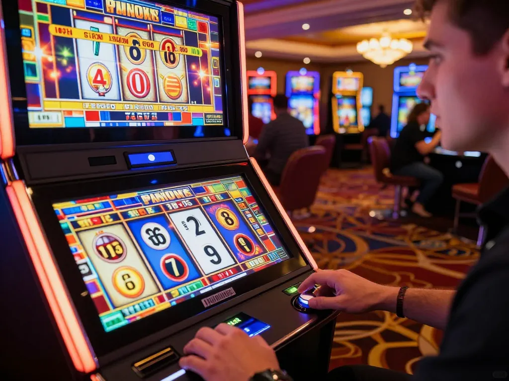 Terlibat dengan permainan toto slot yang mendebarkan di kasino yang semarak, menampilkan gulungan berputar berwarna-warni dan fokus pemain yang intens.