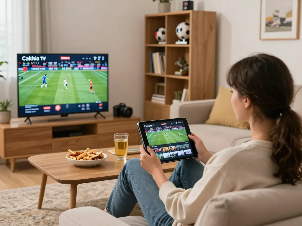 Cakhia tv streaming live sports on a tablet while relaxing at home with snacks
