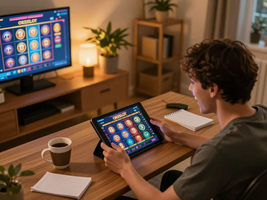 Person enjoying online slots at OKESLOT with tablet, warm home ambiance enhancing the gaming experience.