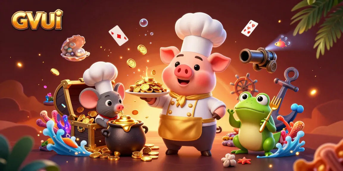 Engage in exciting gameplay with GVUI as characters serve gold coins in a vibrant casino environment.