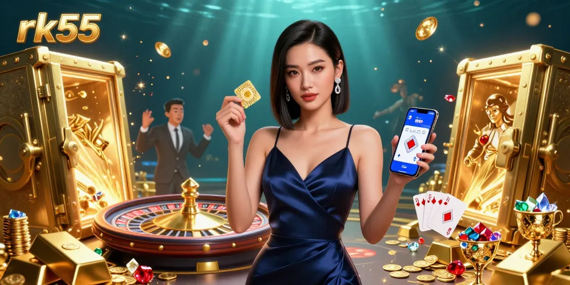 Spin the roulette wheel at rk55 while winning golden chips and treasures in this vibrant casino scene.
