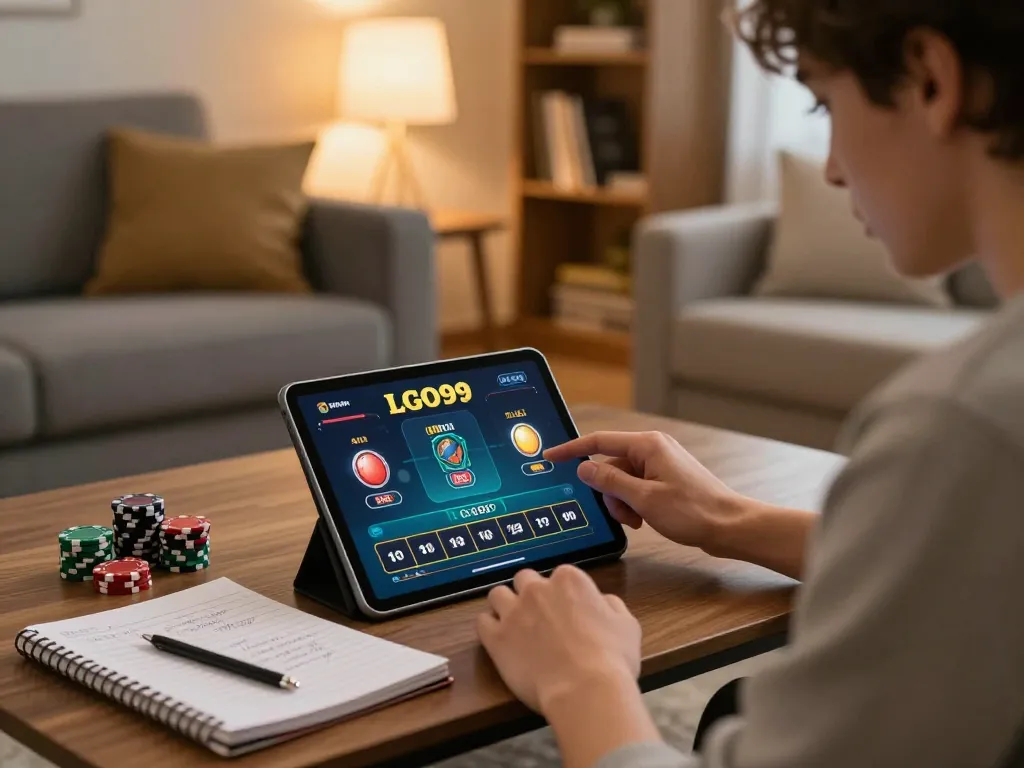 Engaged player using LGO99's online gaming app while focusing on strategic betting.