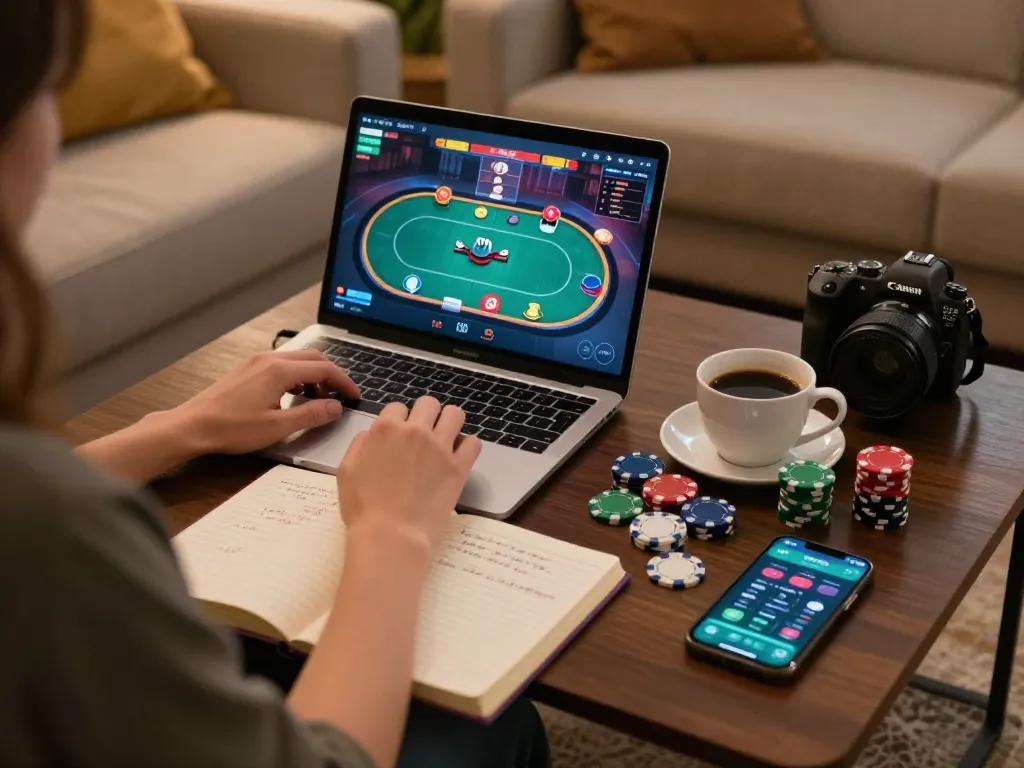 Player engaging with lucks8 online poker interface on a laptop at home, highlighting strategic gameplay.
