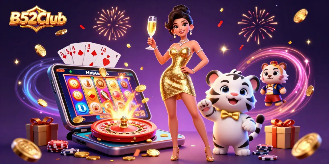 B52Club showcases a glamorous woman with a lucky cub in a vibrant casino atmosphere lively with games and celebrations.
