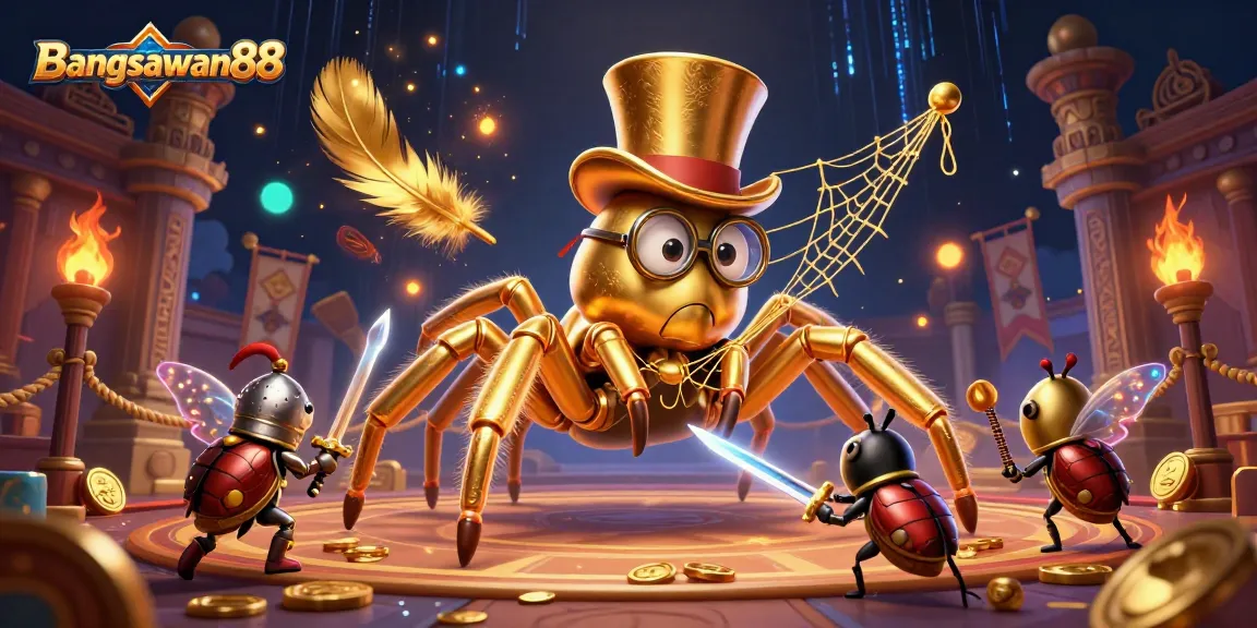 Bangsawan88 captivates with a brave knight facing a golden tarantula in a vibrant casino scene.