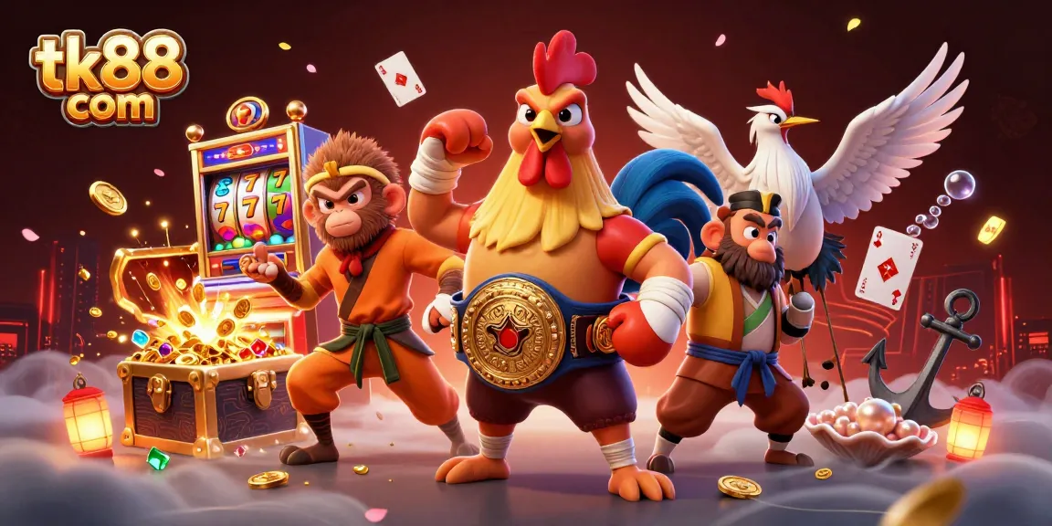 Experience tk88 com's vibrant casino action with a dynamic illustration of a Muay Thai rooster, monkey martial artist, and crane master, surrounded by exciting gaming elements.