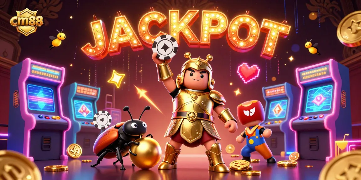 Win big at cm88 with a vibrant casino scene showcasing beetles lifting chips and fireflies spelling JACKPOT.