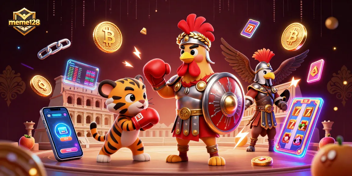 Engage with meme128's exciting slots action featuring a gladiator rooster and colorful crypto elements.