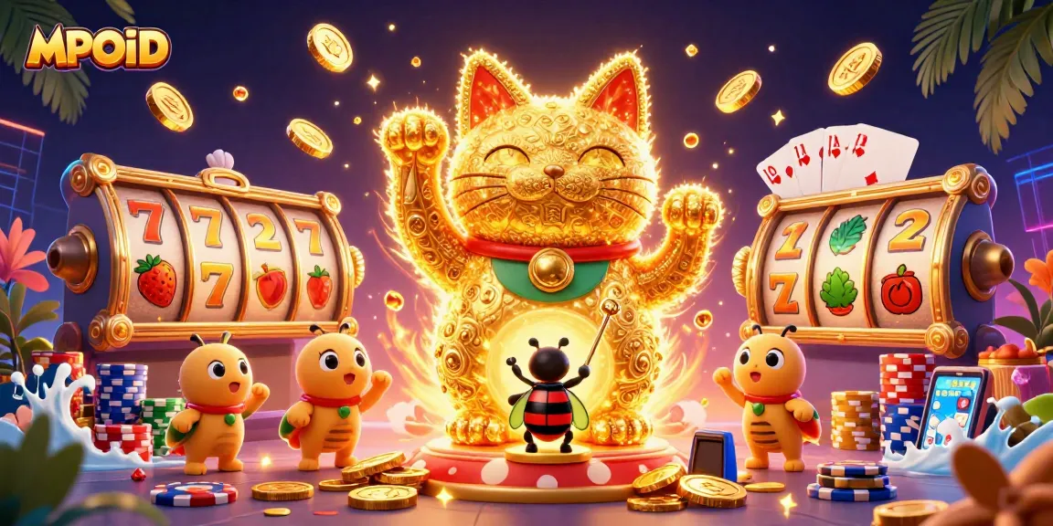 Experience the magic of MPOID with a vibrant illustration featuring a lucky cat, golden coins, and dynamic slot elements.