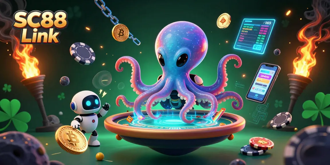 Join the excitement at SC88 Link with an alien octopus mastering holographic poker amidst vibrant casino elements.