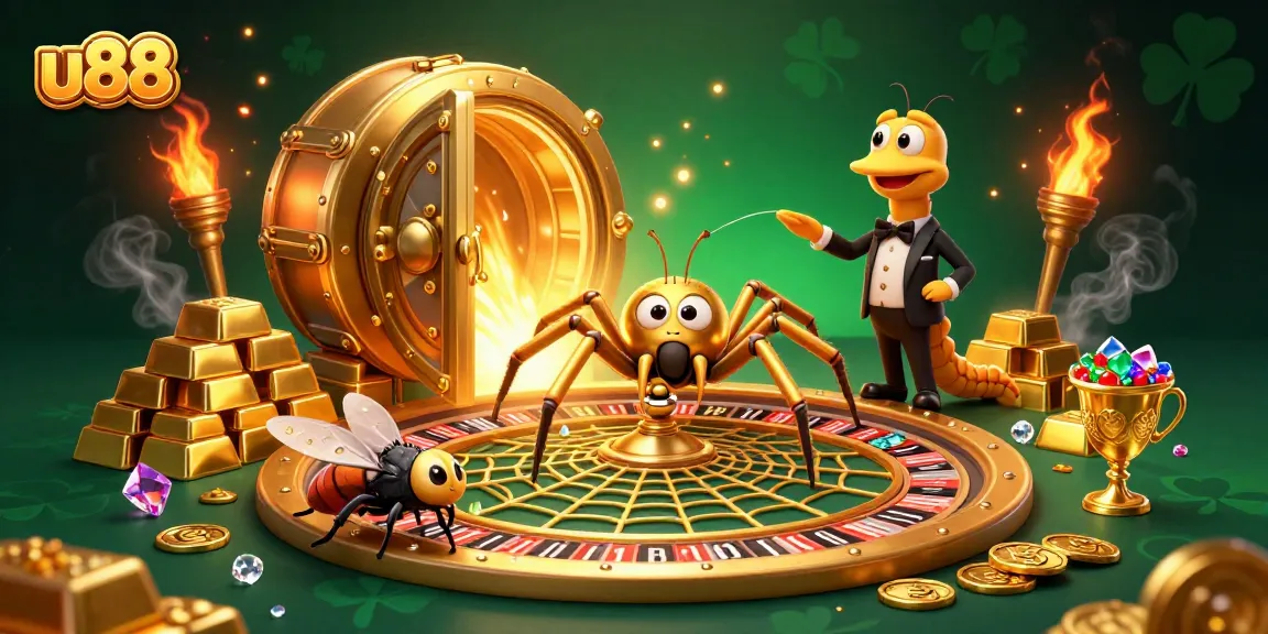 Engage in thrilling bets at u88 with a spider spinning a roulette web in a vibrant casino illustration.