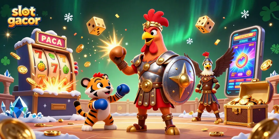 Engage with exciting slot gacor experiences, featuring vibrant 3D illustrations of roaring jackpots and colorful characters.