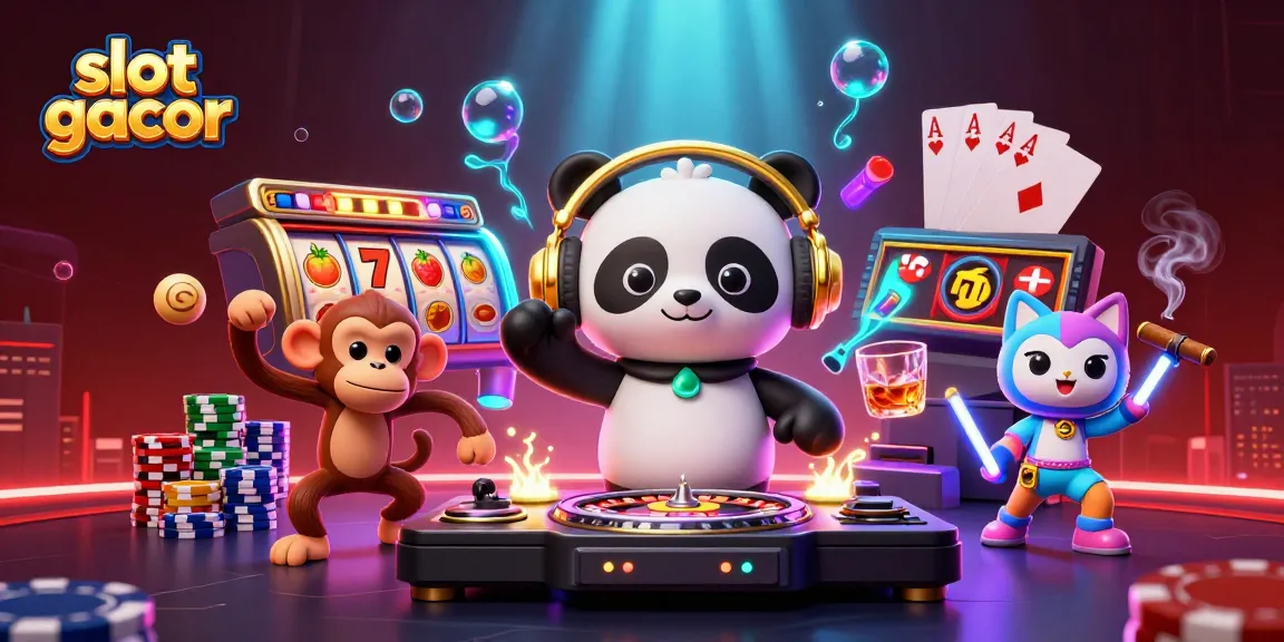 Slot gacor menyajikan suasana meriah kasino dengan DJ panda, monyet, dan anak kucing menghibur pengunjung.