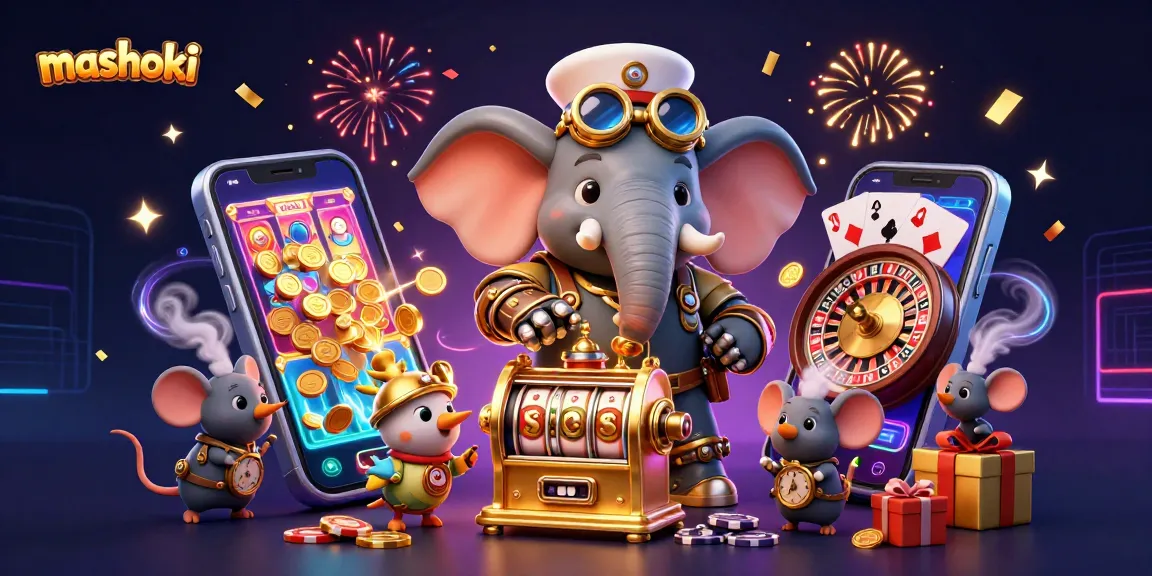 Spin to win with mashoki as a steampunk elephant operates a golden slot machine.