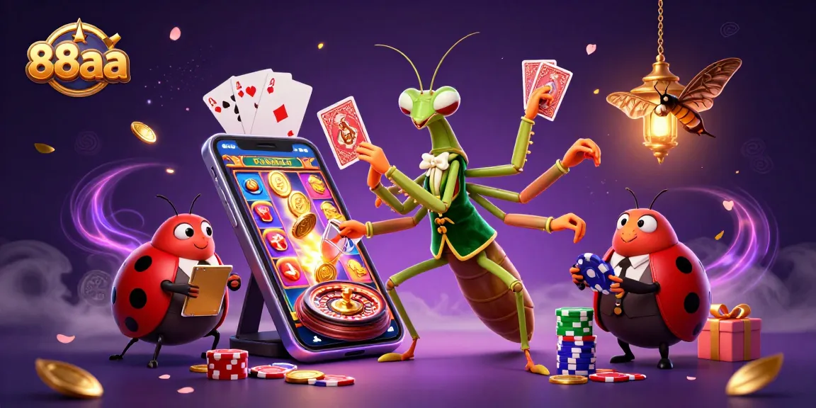 Engaging illustration of 88aa casino with a mantis dealer and ladybug pit boss in action.
