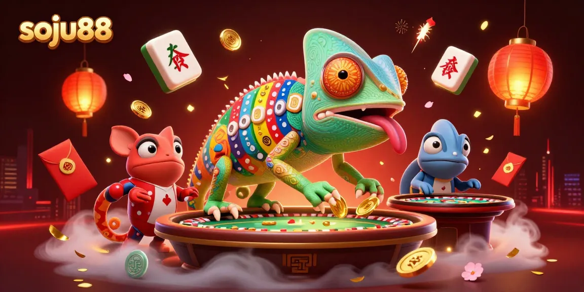 Experience the vibrant excitement of soju88's casino scene with a colorful chameleon and festive game elements.