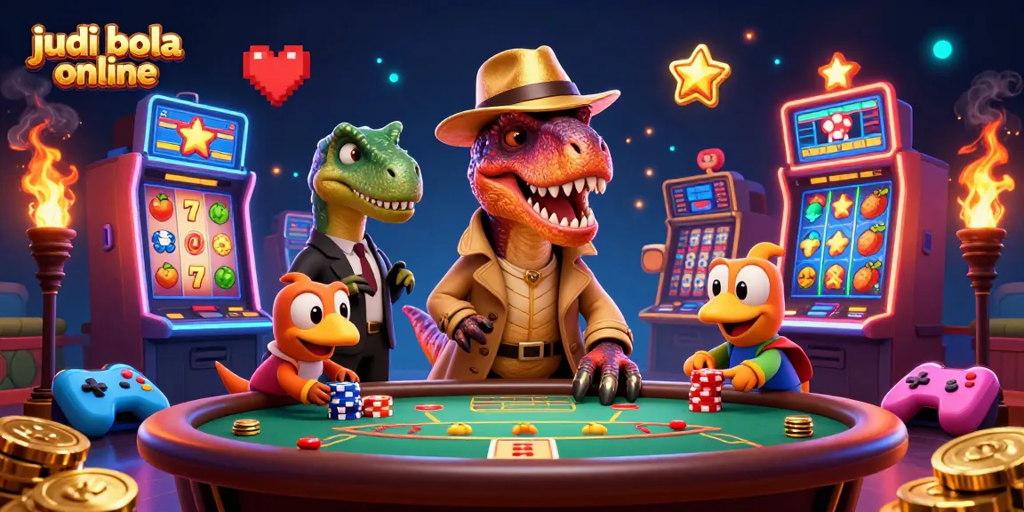 Experience judi bola online excitement as a cartoon velociraptor sneaks chips at a vibrant blackjack scene.