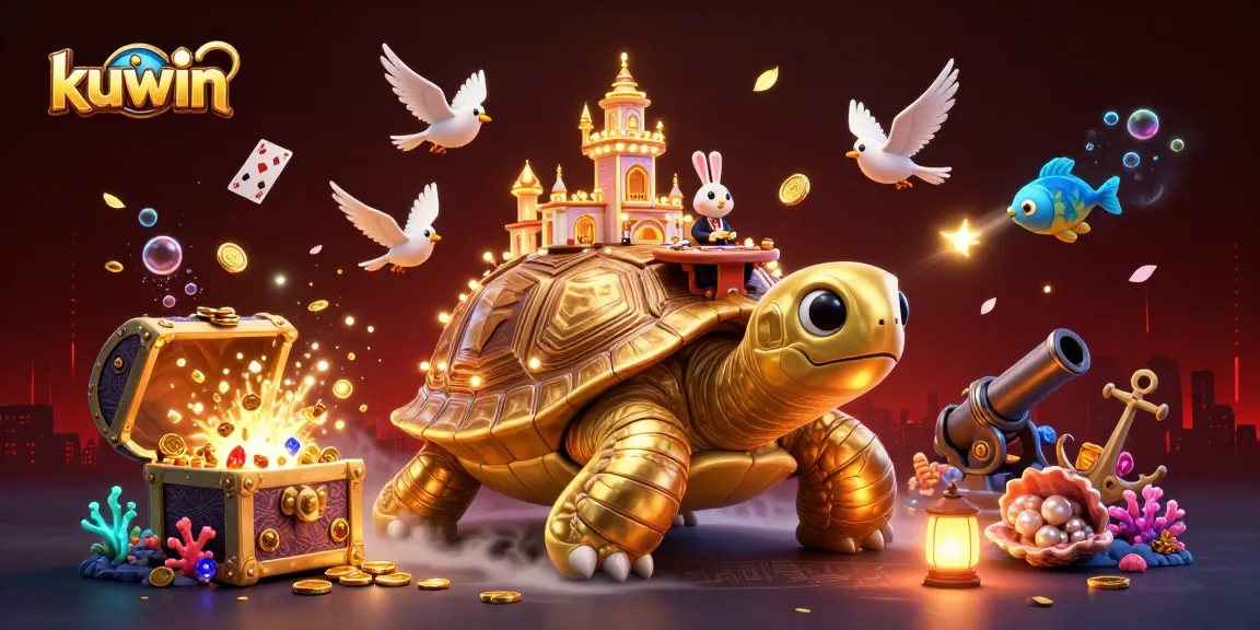 Kuwin offers an exciting casino experience with a lively scene featuring a golden tortoise and a rabbit dealer.