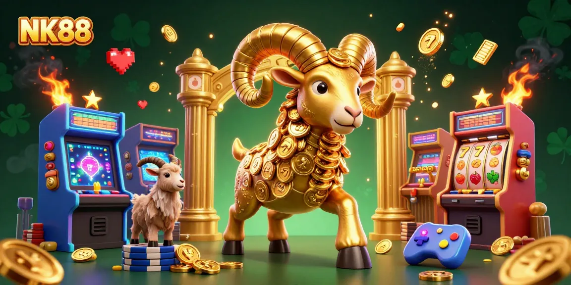 Join the excitement with NK88 as the golden ram charges through a vibrant casino scene filled with games and luck.