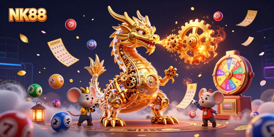 Engage with NK88 in this vibrant 3D lottery scene featuring dynamic game elements and a mechanical dragon