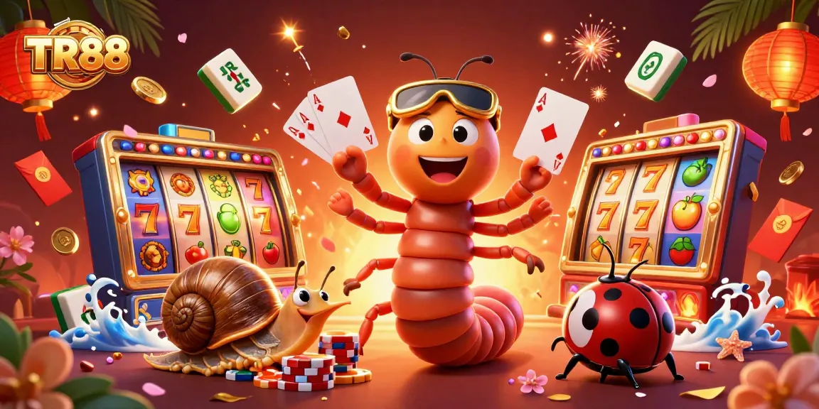 Engage in monumental gaming action at TR88, featuring a dynamic casino scene with vibrant slot reels and a card dealer.